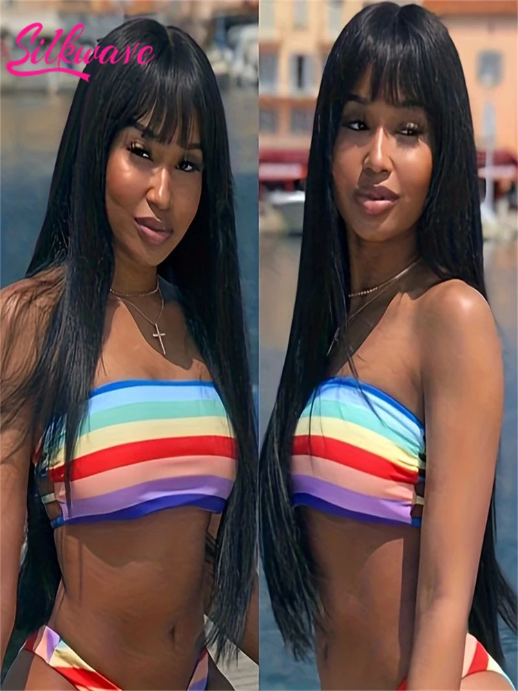 

Silkwave 3x1 Lace Middle Part Human Hair Wig With Bang Bone Straight Natural Black Color For Women 30 Inch Machine Made Wig