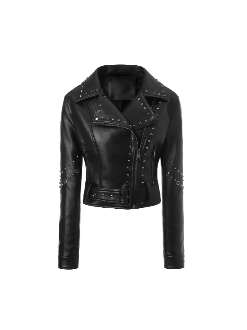 가을 겨울 여성용 블랙 인기 PU 슬림핏 라펠 모터사이클 재킷 펑크 록 숏 가죽 재킷