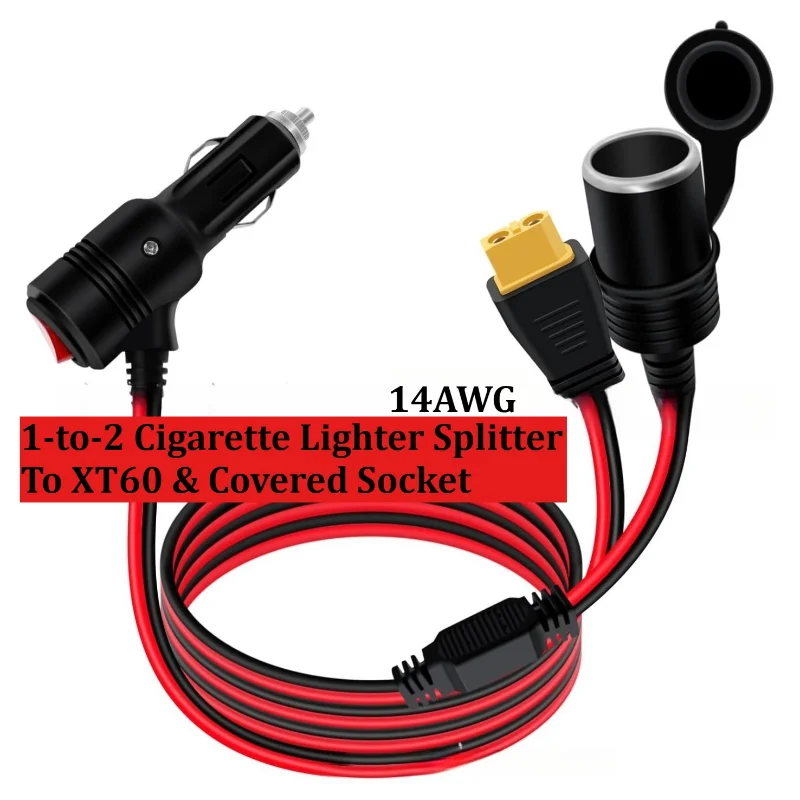 14AWG 1‑to‑2 Car Cigarette Lighter Splitter Cable to XT60 with Dust‑Proof Cover Female Socket 12‑24V for Vehicle & Power Station