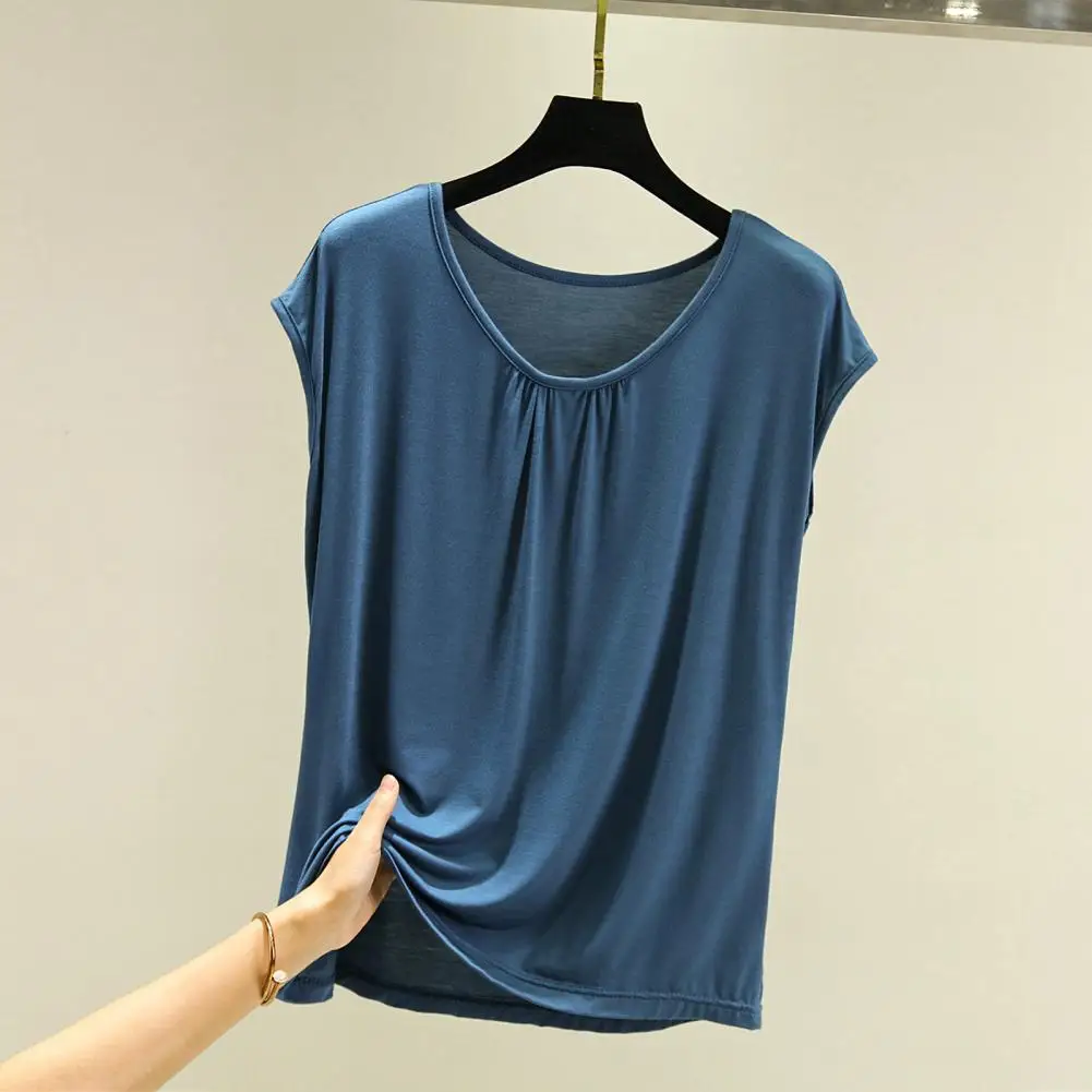 

Summer Women Round Neck Vest Sleeveless Pleated Tank Tops Solid Color Loose Fit Elastic Bottoming Tops Thin Vest Undershirt