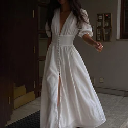 Lady Elegant Slim V-neck White Maxi Dress Summer Women Puff Short Sleeve Solid Slit A-line Long Dresses Party Holiday Robes