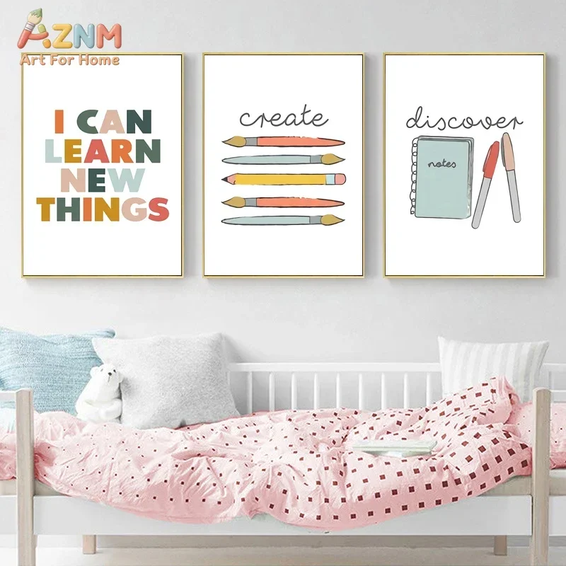 AZNM I Can Learn New Things Create Discover Wall Art Canvas Print Unframed Cute School Supply Quote Painting For Kids Classroom