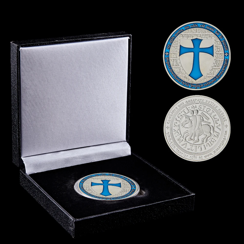 Masonic Crusader Knights Templar Blue Token Silver Plated Metal Coin Souvenir Coin W/ Luxury Box