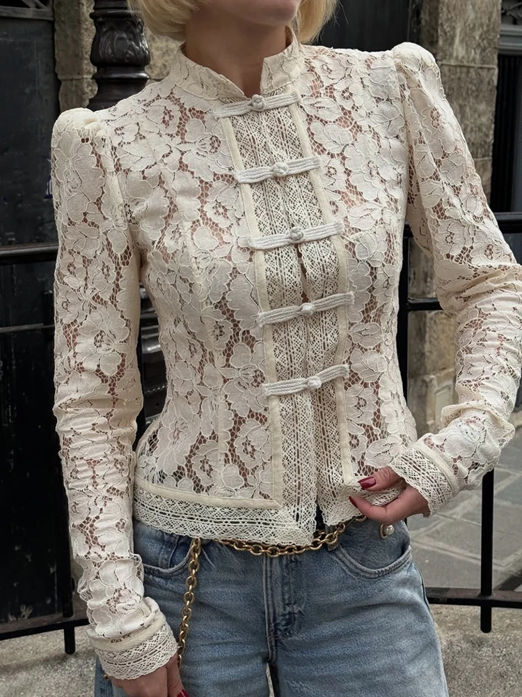 

Women's Stand Collar Long Sleeve Blouse Spring Autumn Chic Hollow Design Single-Breasted Solid Color Ladies Top Streetwear Blusa
