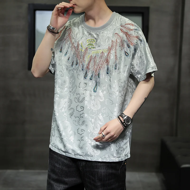 

Chinese Style Casual T-Shirt Summer Peacock Feather Embroidery Ice Silk Short Sleeve Men Clothing Harajuku Plus Size Tops