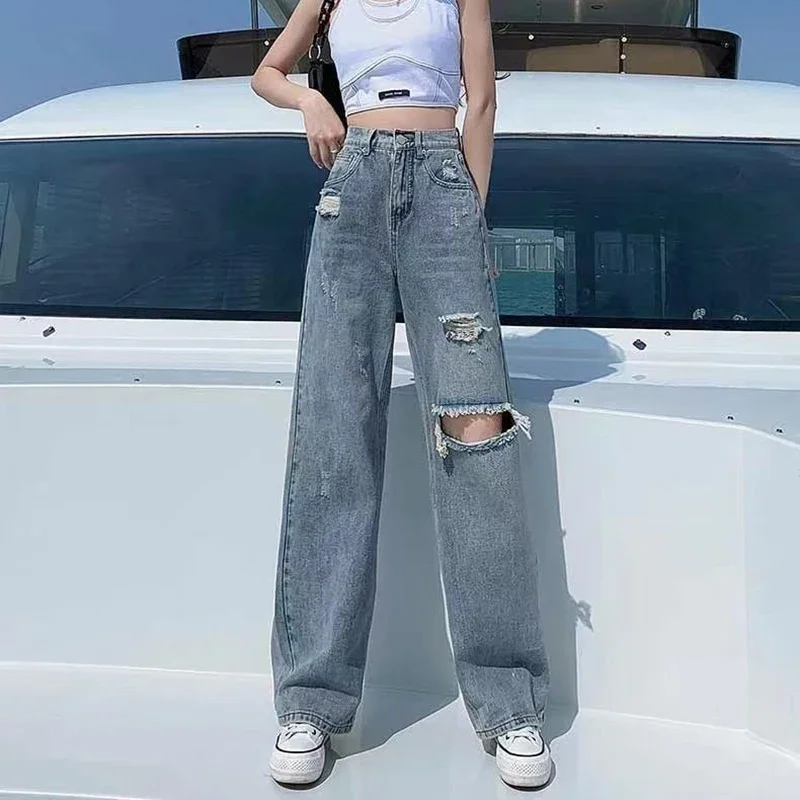 Gidyq Streetwear Ripped Jeans Women Fashion Loose Wide Leg Pants Summer Casual All Match Female Korean Straight Denim Trousers