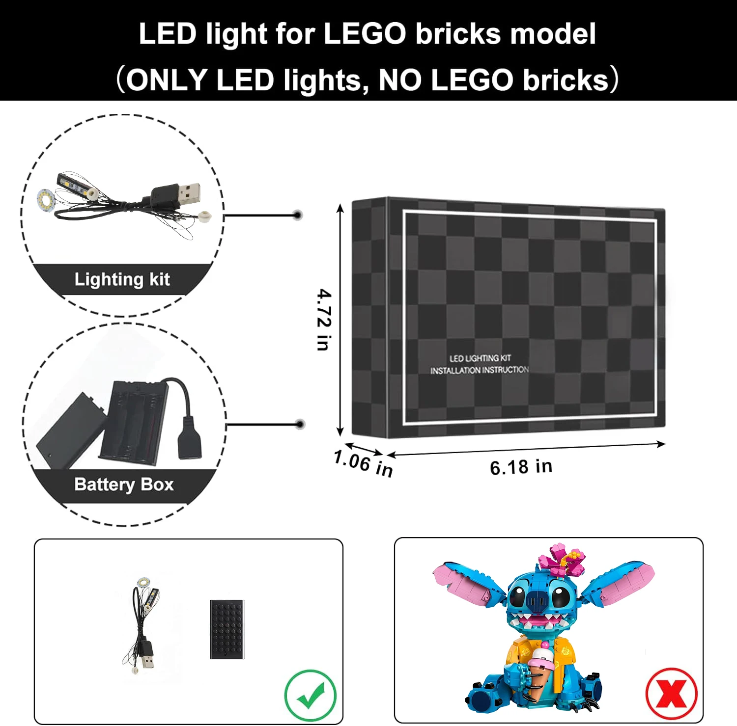 HPROSPER 5V LED-verlichting (geen model) voor LEGO 43249 Disney Stitch Verlicht uw bouwstenen Decoratieve lamp en batterijdoos