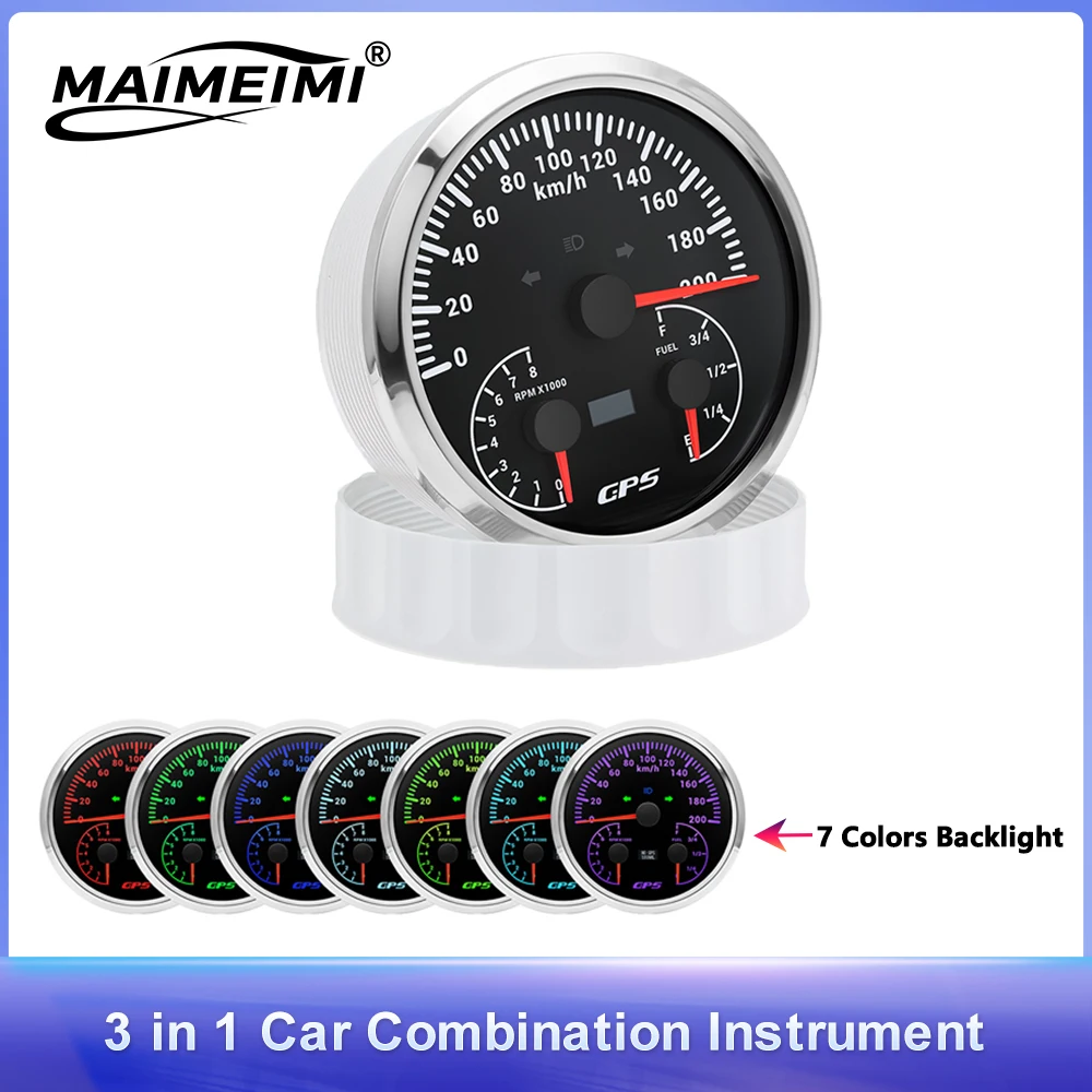 

7 цветов подсветки 110 мм универсальный автомобильный 3 в 1 120 км/ч 200 км/ч 200MPH GPS спидометр уровень топлива вольтметр тахометр 8000 об/мин