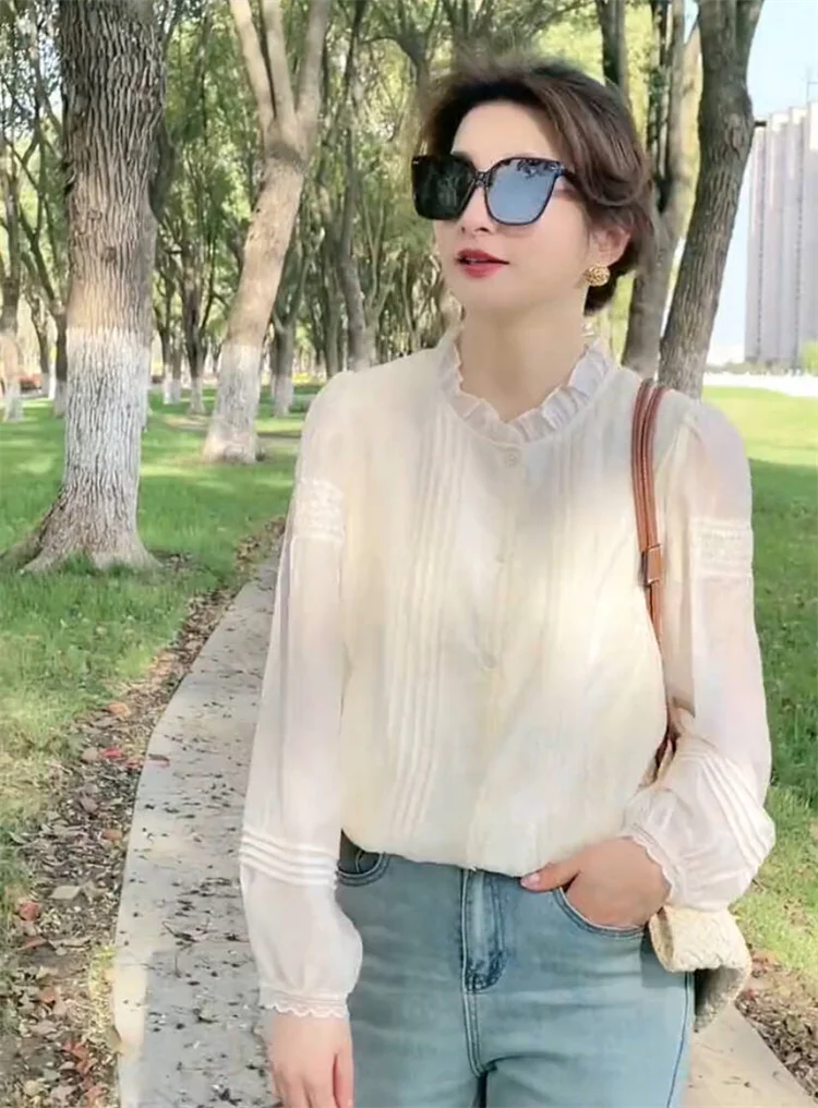 Shirt Lace Collar Long Sleeve Cotton Loose Summer Women Elegant Vintage Blouses Spring Female Womens Casual White Blouse New2024