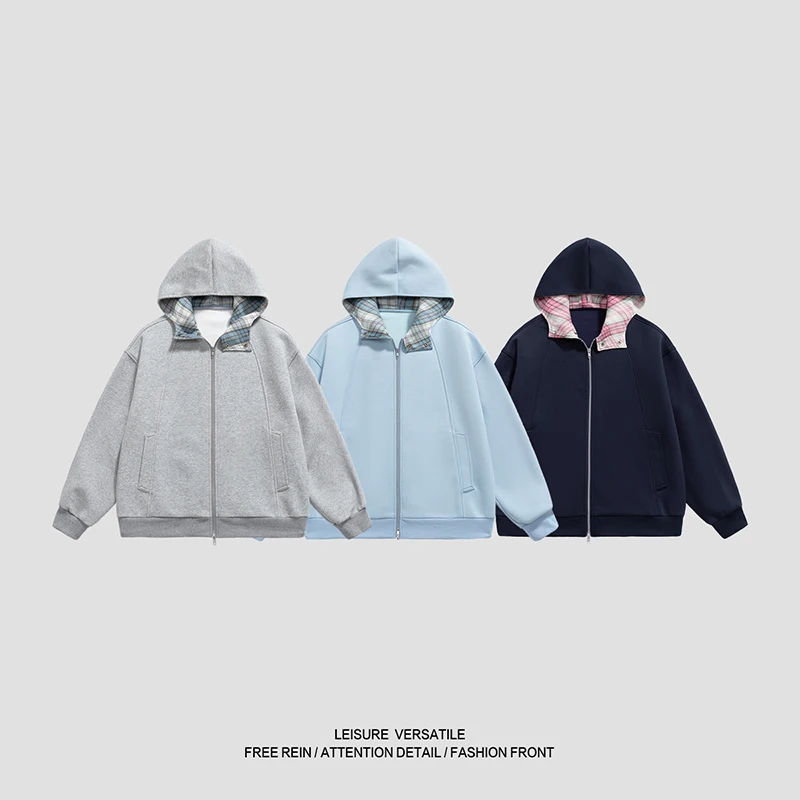 

Men's Loose Hooded Jacket, Plaid Inner Design is Considerate, Fully Fitting All Scenarios of Men's Casual Daily Life