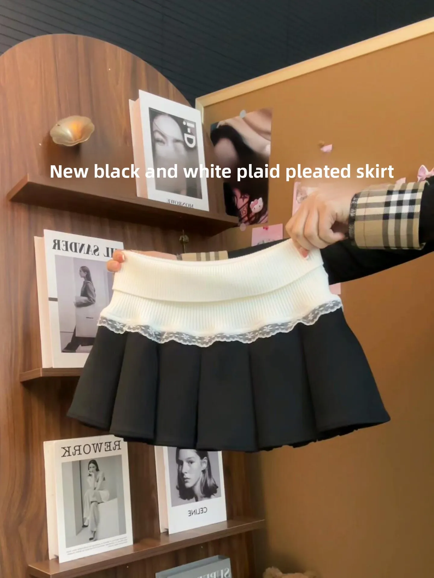 

Юбка плиссе с кружевной отделкой и высокой талией из трикотажной ткани, осенне-зимняя, в студенческом стиле, женская модная.