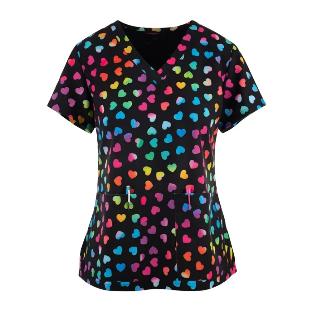 Women's Surgical Scrubs Casual Printed Nurse Uniform Surgical V Neck Scrubs Short Sleeve Tee Tops Surgical Uniforms Woman Clothe