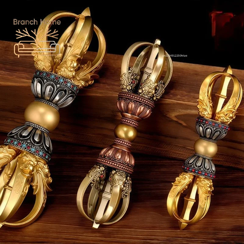 Nepal Brass Vajra Sculpture Tibetan Feng Shui Office Decor Hand-Carved Dorje Artifact for Wealth Attraction Home Protection