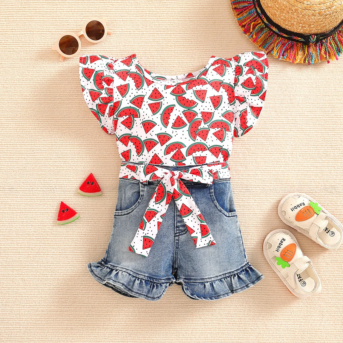 

Samgami baby Children's clothing summer girls watermelon suit children's flying sleeve top denim shorts 2-piece set