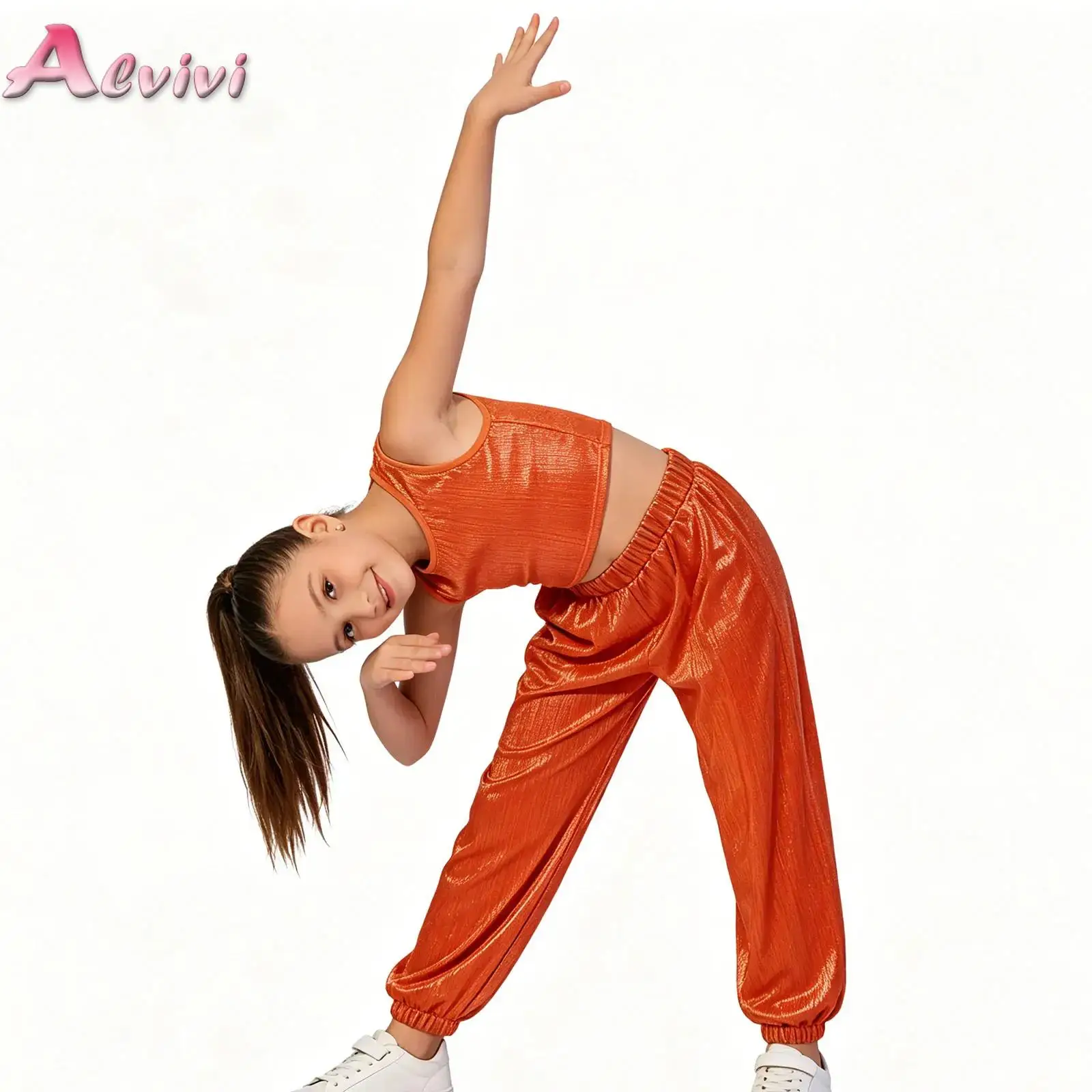 Kids Girls Metallic Ribbed Outfit Sleeveless Vest with Pants for Hip Hop Jazz Modern Disco Cheerleading Performance Competition
