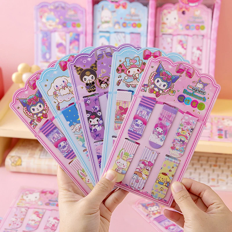 Sanrio Magnetic Cartoon Bookmark, Kuromi Melody Page Marker, Escola e Escritório Papelaria, Birthday Gift Supply, 6pcs