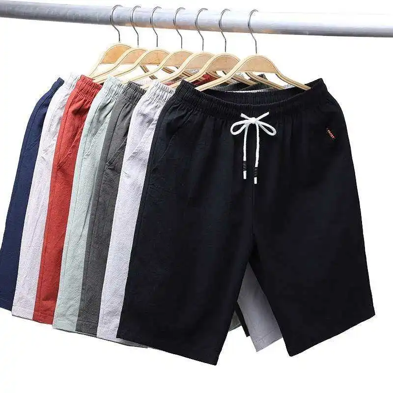 

Summer New Men's Casual Linen orts Boys Beach Cotton Pants Slim Fit Trousers Mid-Low Waist Zipper Closure Embroidery Detail