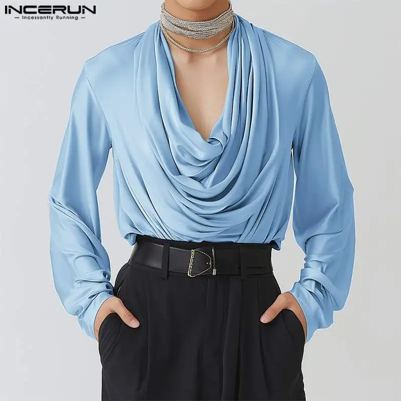 INCERUN Tops 2024 American Style Fashion Men\'s Pile Neck Reflective Fabric Shirt Casual Clubwear Solid Long Sleeved Blouse S-5XL