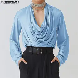 INCERUN Tops 2024 American Style Fashion Men's Pile Neck Reflective Fabric Shirt Casual Clubwear Solid Long Sleeved Blouse S-5XL