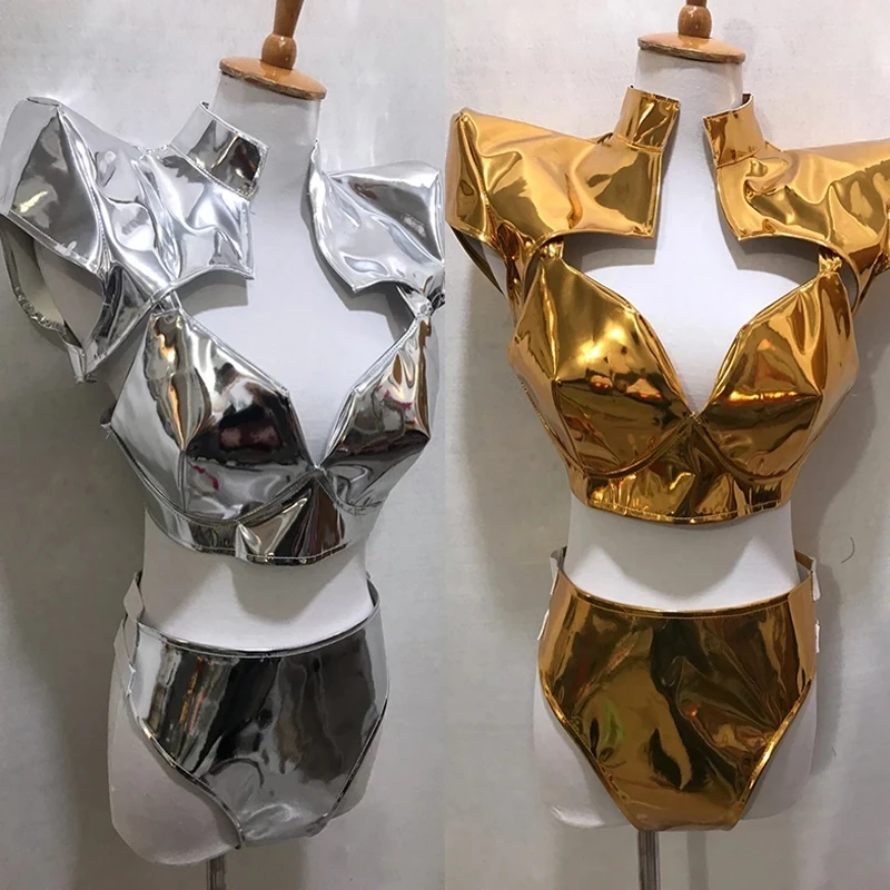 Golden Gogo Dancer Clothing Women Silver Nightcluba Bar Club Dancewear Festival Party Show Rave Wear Bra Shorts Bikini AMY1165