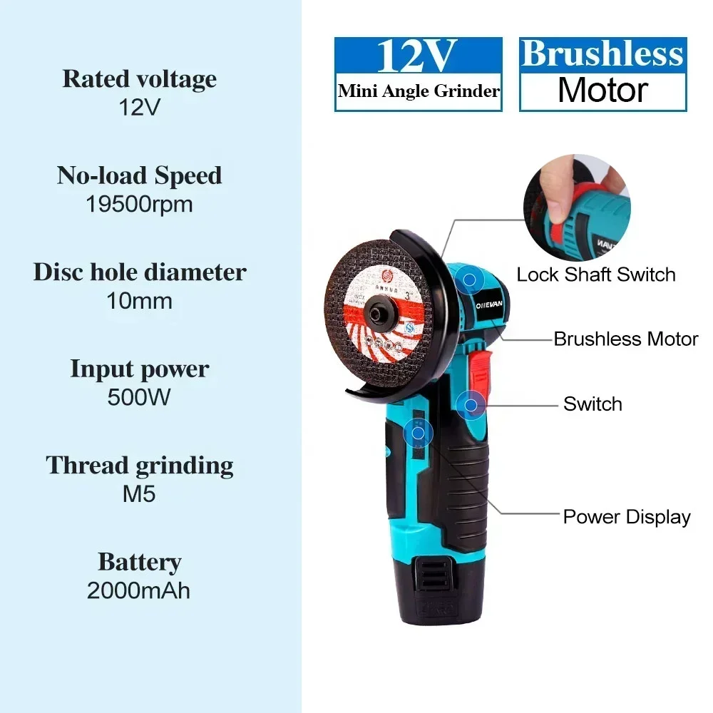 Hot sales ONEVAN 19500RPM Brushless Electric Angle 12V Cordless Polishing Grinding Machine Sander 2 Battery EU Power Tools