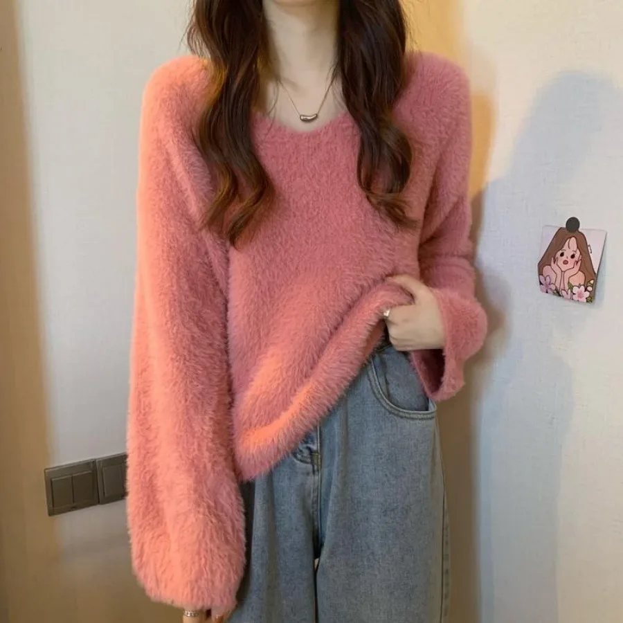 Knitted Sweater Korean Fashion Women Preppy Mink Hair Pullover Autumn Winter Casual Loose Sweet Top Long Sleeve Warmth Knitwear