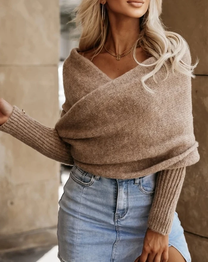 Women's Sweater Crop Tops Elegant 2024 Winter Daily Casual Solid Color Off the Shoulder Crisscross Wrap Long Sleeve Knit Sweater