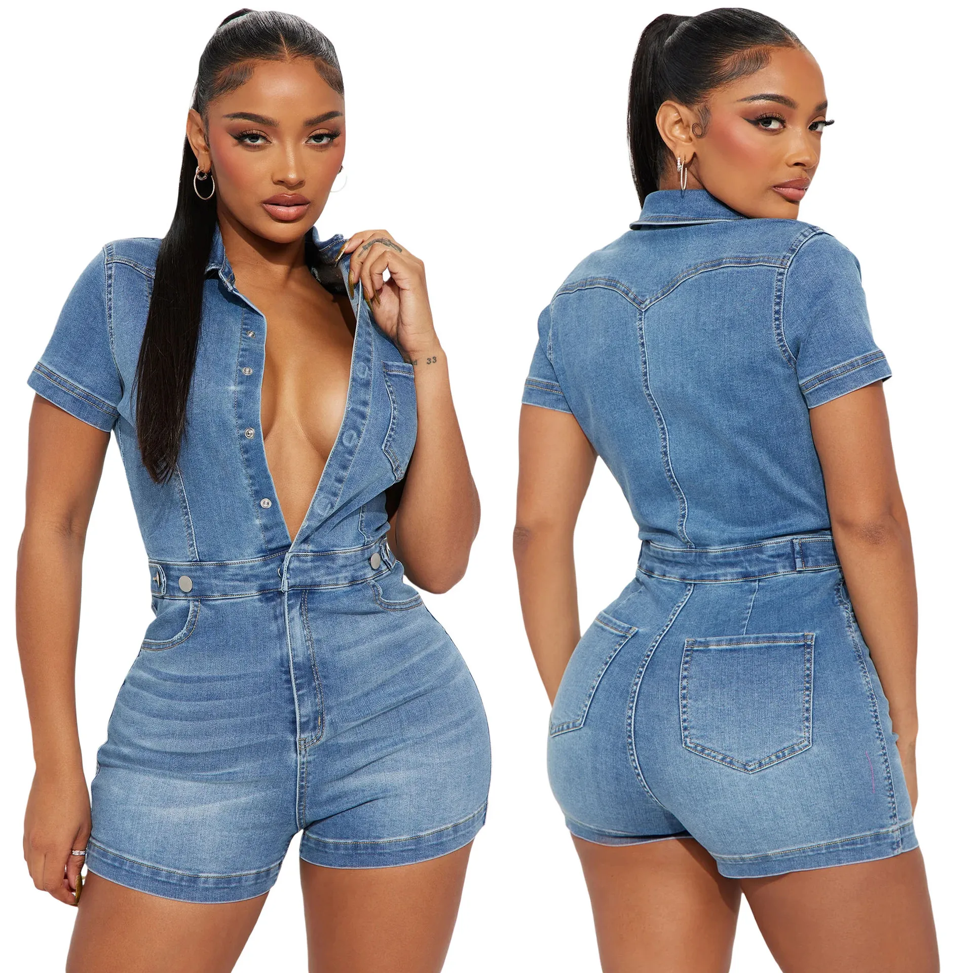 

High-elasticity Slim-fit Denim Short-sleeved Jumpsuit, Fashion Elegant Comfortable Short Jumpsuit for Women in Spring and Summer