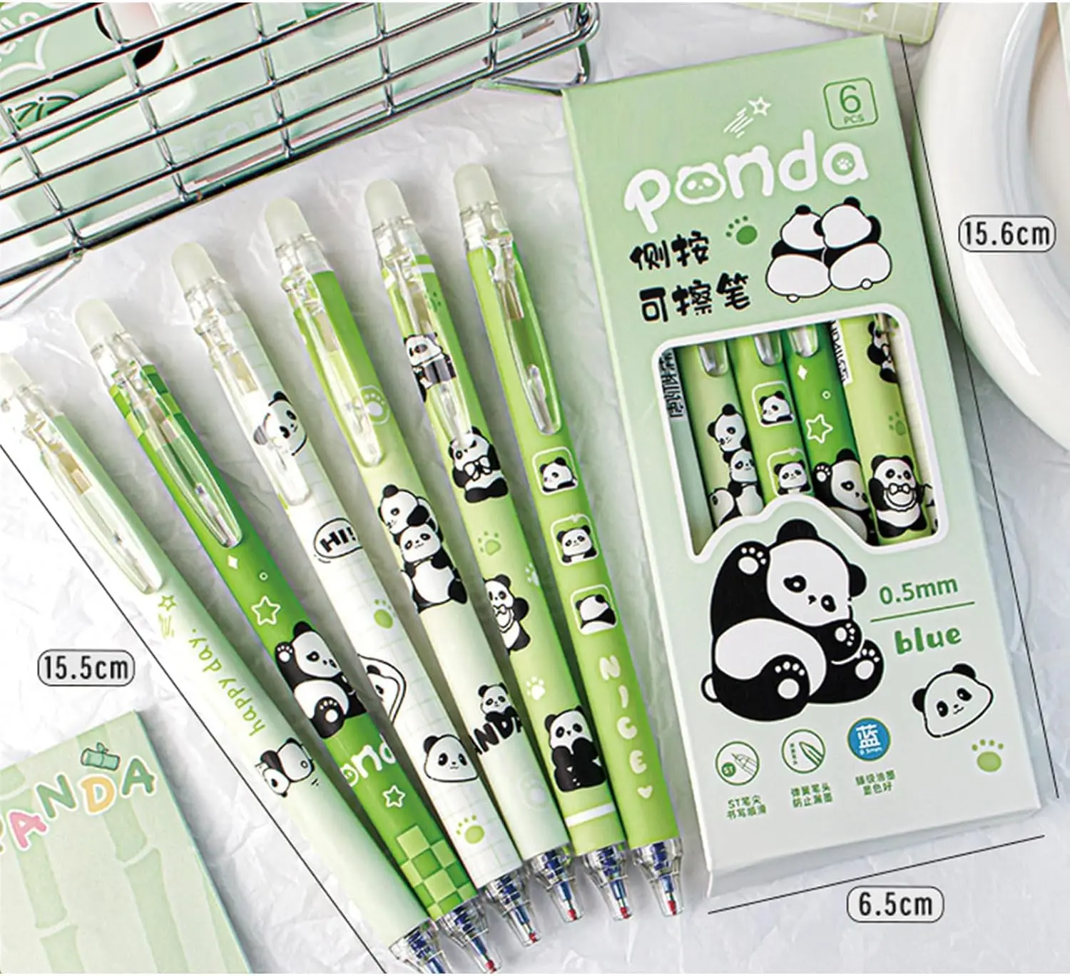 

6 Pack Panda Erasable Retractable Pens Erasable Blue Ink Pens Kawaii Animal Pen 0.5mm Cartoon Writing Pen Office School Supplies
