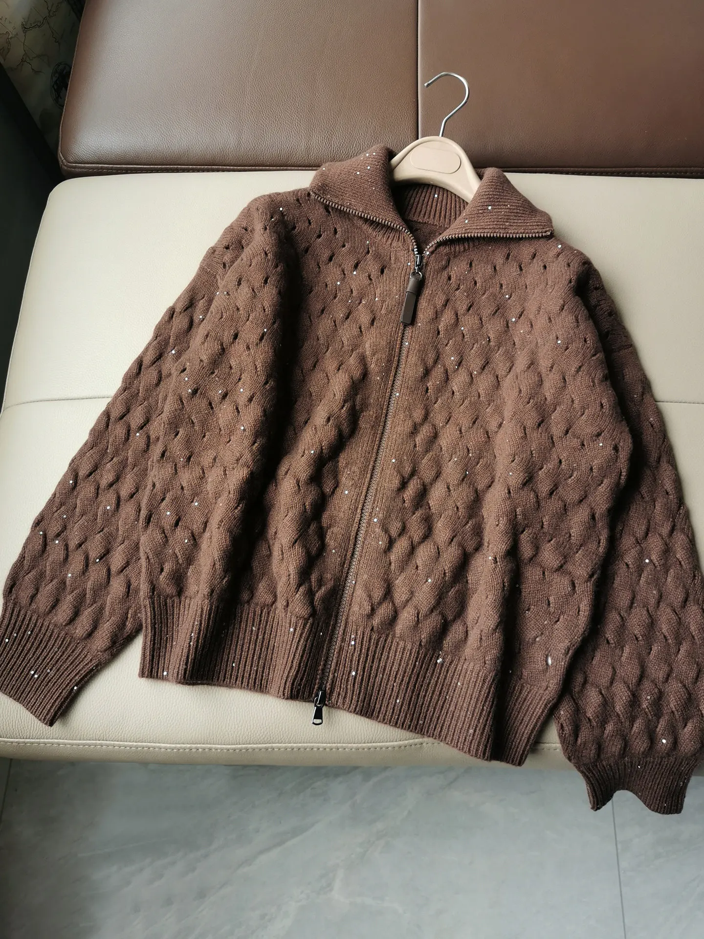 Autumn Winter Wool Cashmere Hollow Sequin High-neck Zipper Knitted Cardigan Women's Loose Jacket