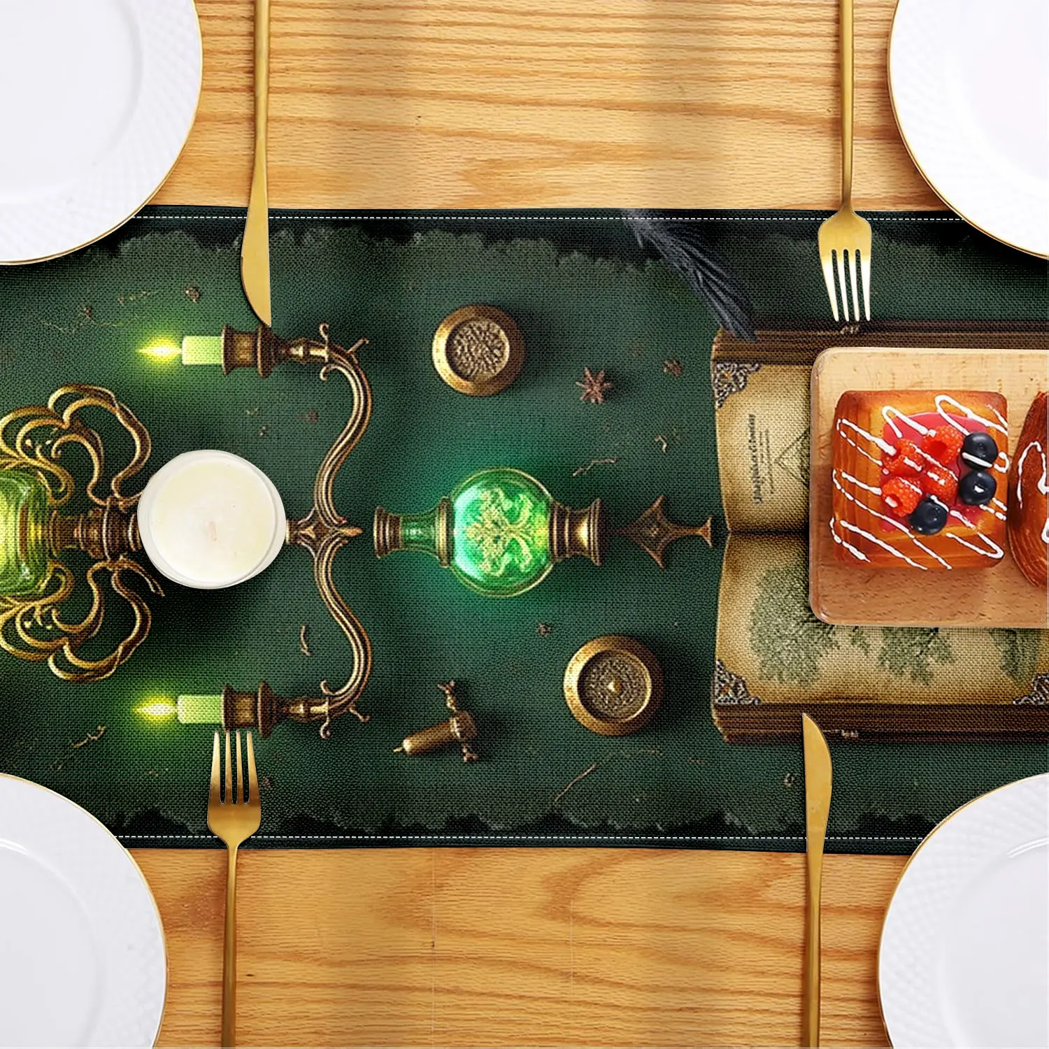 قطعة واحدة من مفرش الطاولة ذو الطابع السحري الغامض مع الكتب القديمة والغربان وأنماط زجاجات الجرعة، مناسبة للمساحات الخيالية والحفلات ذات الطابع السحري