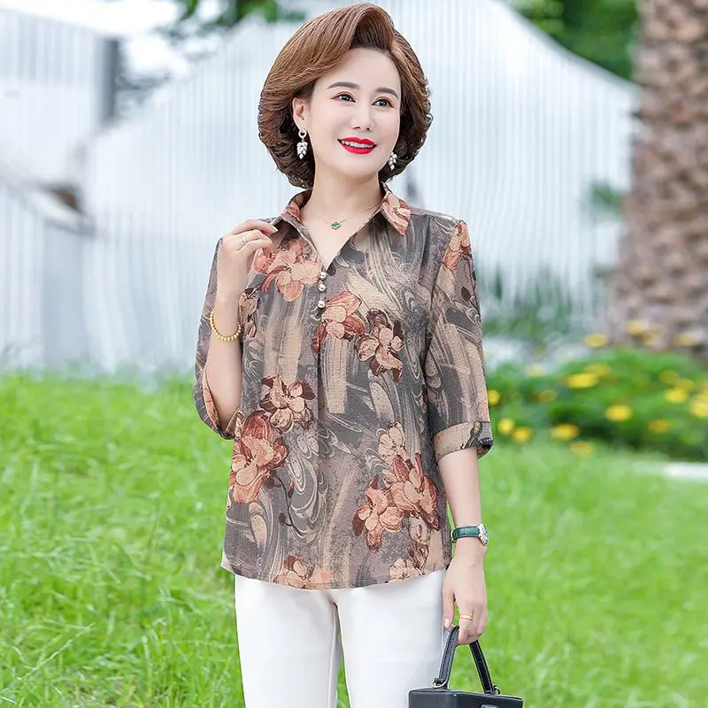 

Women's New Style Spliced Lapel Print Fashionable Loose Casual Mid-sleeved Shirt