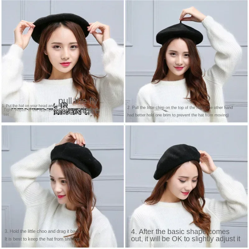 หมวกเบเร่ต์วินเทจผ้าขนสัตว์อุ่นสำหรับผู้หญิงและเด็กผู้หญิง สไตล์ศิลปิน แฟชั่นลำลอง สีดำ สีแดง หมวกบีนนี่ หมวกโบอินาสสำหรับผู้หญิง