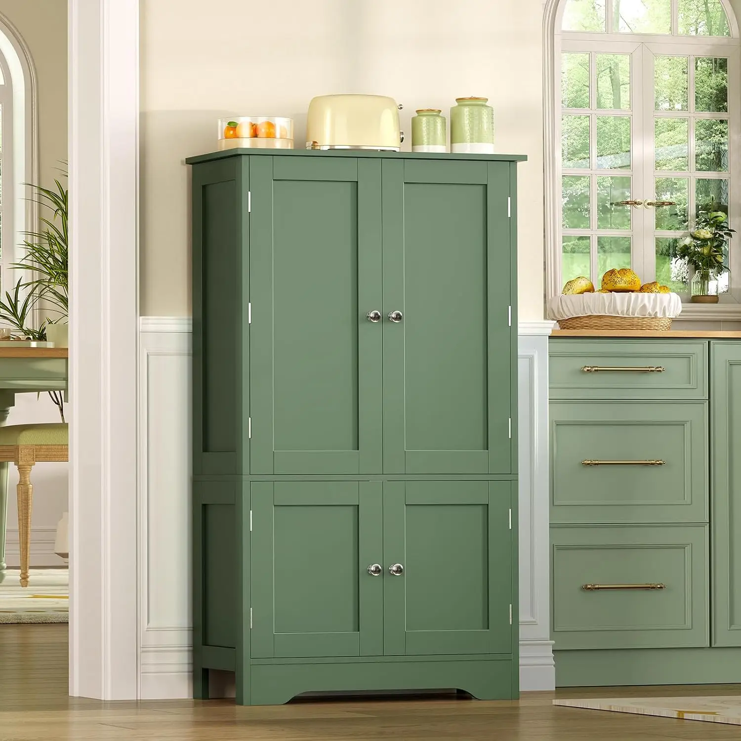 43" H Storage Cabinet with 4 Doors, Kitchen Cabinet with 6 Door Shelves, Kitchen Pantry Cabinets for Living Room, Dining Room, Bathroom, Forest Green view 2