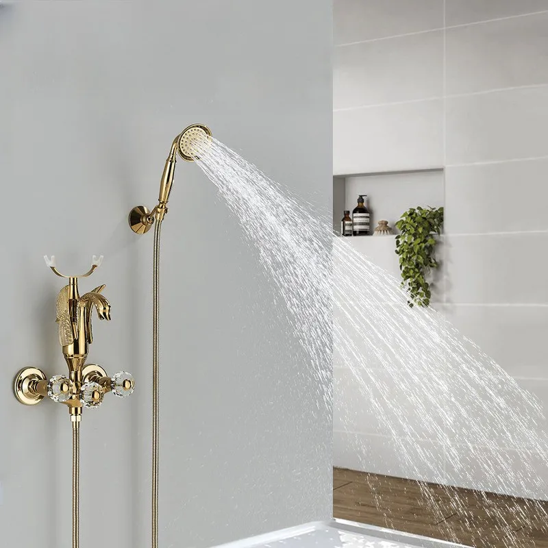 

Bathroom Wall Mounted Bathtub Faucet Gold Swan Crystal Handle Bath Chrome Shower Hot Cold Water Mixer Tap