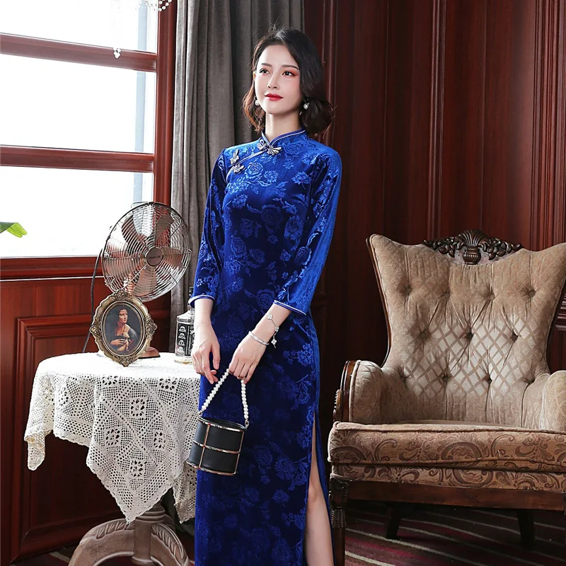 Vermelho chinês tradicional veludo cheongsam vintage plus size feminino vestido longo inverno fino qipao azul m a 5xl