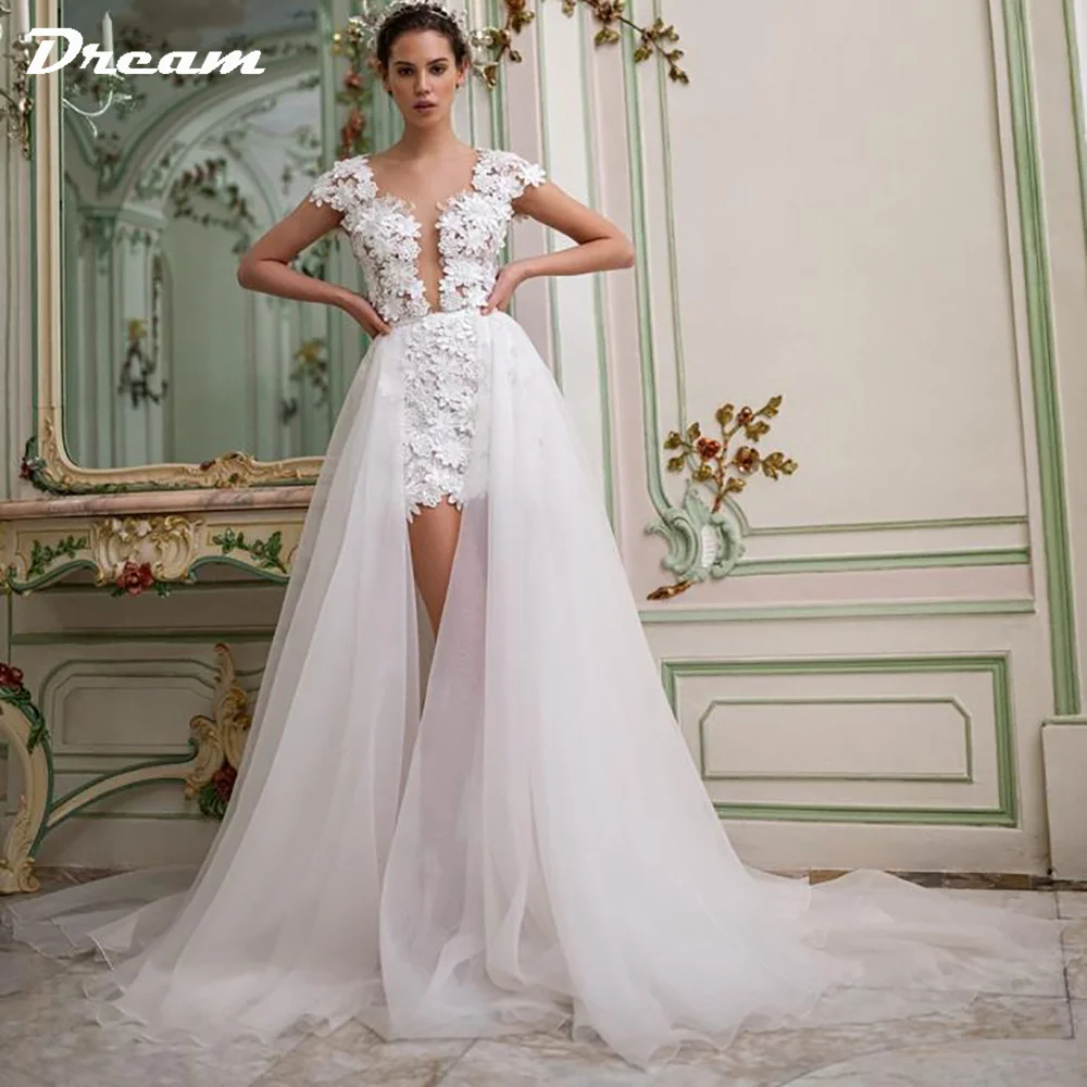 DREAM 3D Flowers Lace Detachable Train Mini Short Wedding Dress V Neck Backless Cap Sleeves High Low Bridal Gown Above Knee