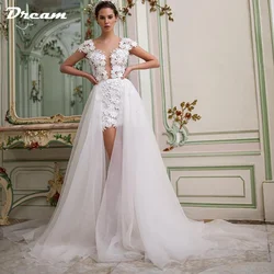 DREAM Customized 3D Flowers Lace Detachable Train Mini Short Wedding Dress V Neck Backless Cap Sleeves Bridal Gown Above Knee