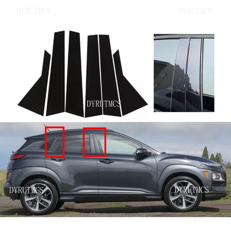 

6PCS Glossy Black Sliver Pillar Post Fit For Hyundai Kona Encino Kauai 2018- 2020 2021 2022 2023 Window Trim Door Cover Sticker