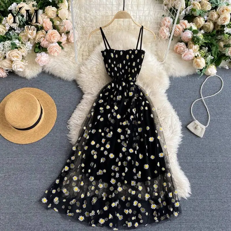 Moda coreana margarida flor impressão malha vestido de festa verão duas camadas cinta espaguete férias midi vestido praia vestidos
