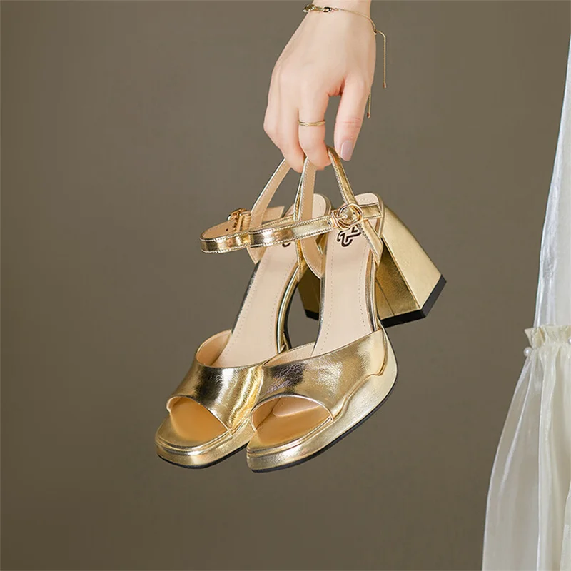 Gold Silver Sandals Woman Summer 2024 New Fish Toe Stiletto Sandals Social Shoes Medium Heel Roman High Heels Party Elegant