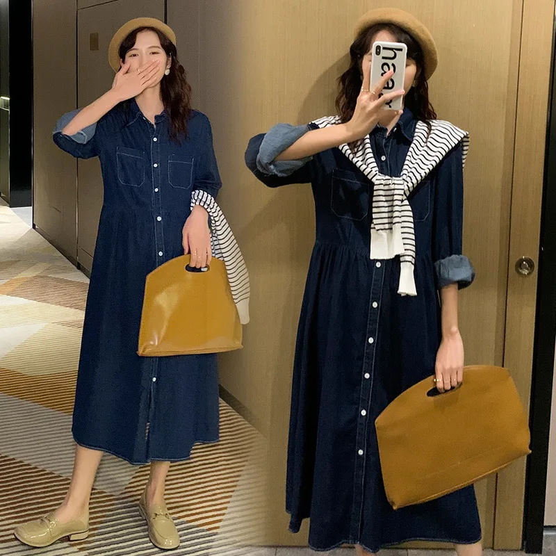 Pregnant Women Blue Denim Dress +Striped Cape Spring Autumn Pregnancy Plus Size Clothes Women Loose Long Dress Fashion Shawls