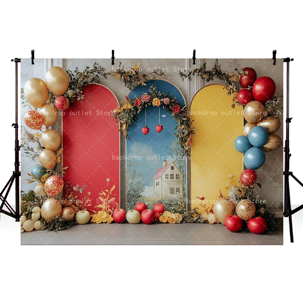 Mehofond Princess Arch Wall Photography Girl Baby Shower Birthday Red Blue Balloon Flower Cake Smash Photo Background Decor