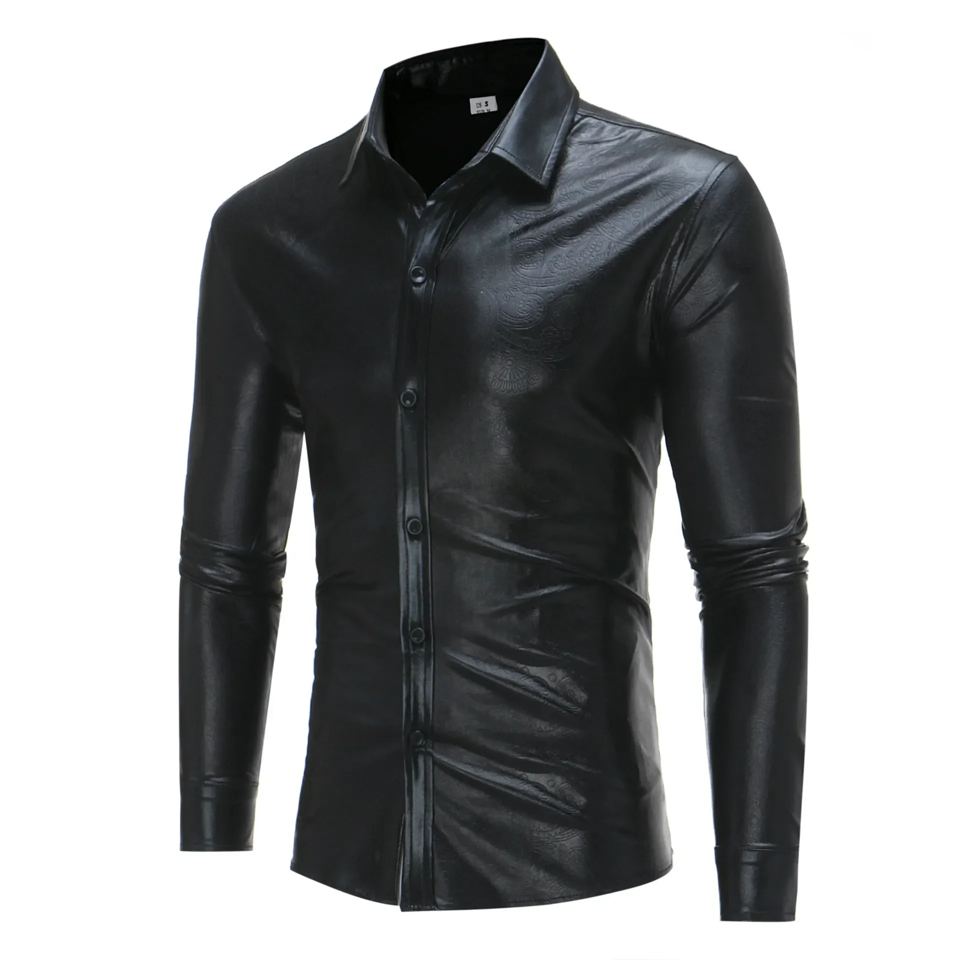 Winter Autumn Men Leather Shirt Nightclub Coated Metallic Silver Gold Black Men Shirt Long Sleeve Button Down S-XXL