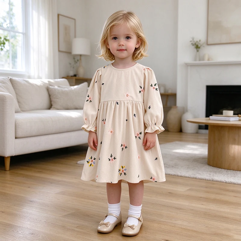2026 New Kids Baby Girl Autumn Winter Dress 2-6Yrs Corduroy Floral Embroidery Long Bubble Sleeve Round Neck A-line Dress