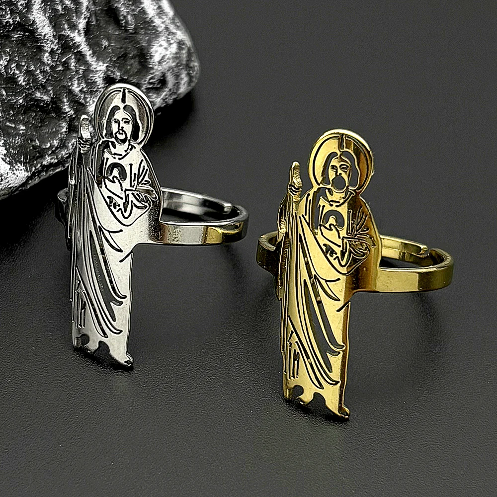 San Judas Tadeo Open Rings for Men Women Stainless Steel Gold Silver Color Saint Jude Thaddeus Finger Ring Amulet Jewelry Gift