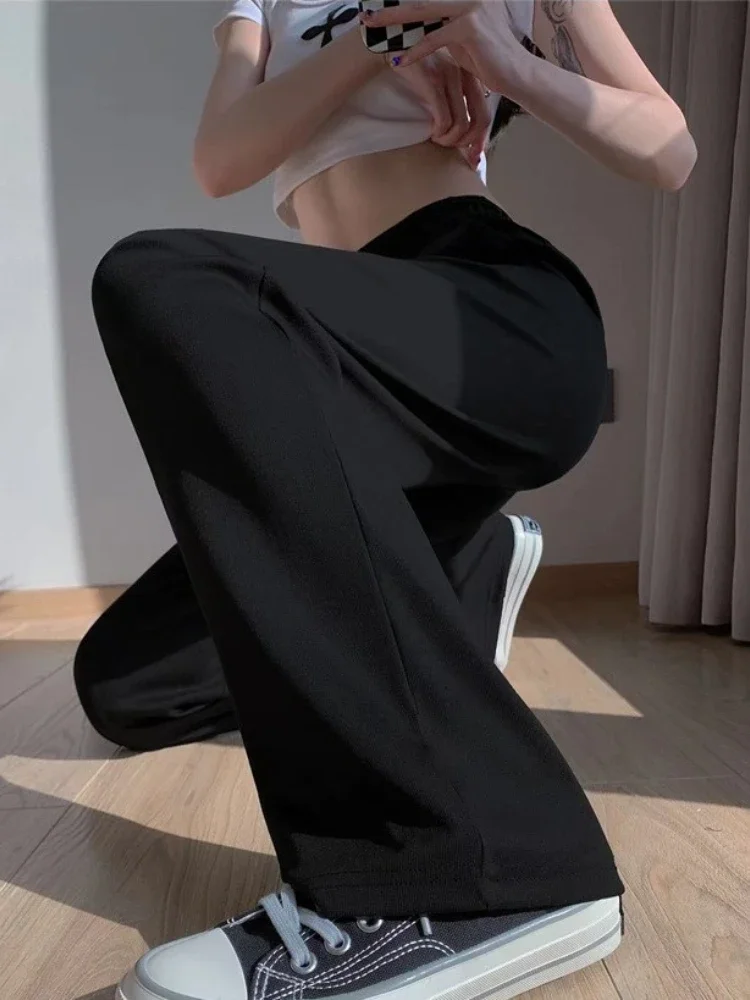 Spring Summer Women Ankle-Length Wide Leg Pants Casual Elastic Waist Loose Ice Silk Pants Trousers Sweatpants Female Clothing