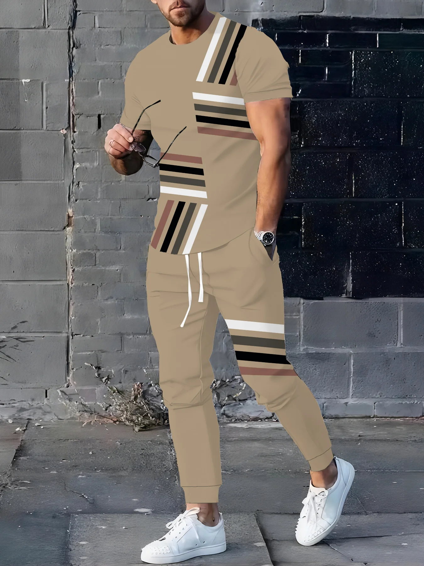 

Новый повседневный уличный модный спортивный мягкий удобный дышащий и легкий мужской костюм с 3D полосатым принтом на лето 2025 г.