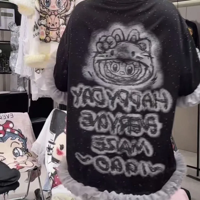 Y2K personalized anime cartoon graphic women clothing high street fashion trend top TiKi shirt 2025 casual loose short-sleeved