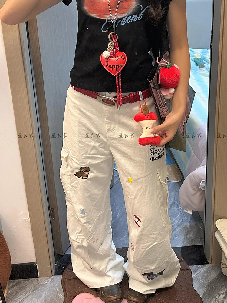 Amerikanischen stil würzige mädchen design breite beine lose cartoon hund karierten jeans frauen sommer neue gerade bein bodenlangen hosen